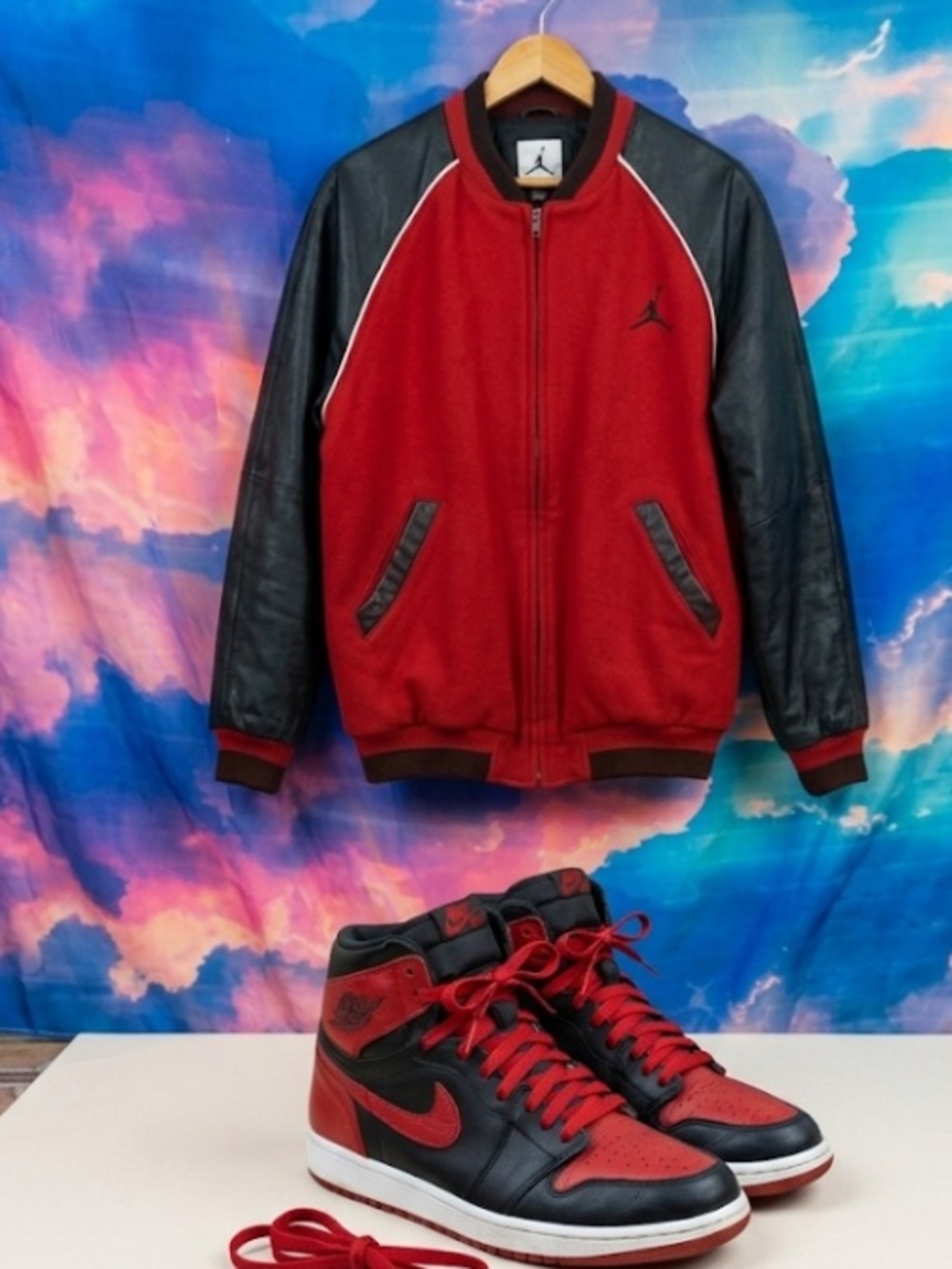 Jordan Red/ Air Jordan 1’s Black Raglan Sleeve Bomber Jacket shoes, size 11